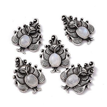 Natural Rainbow Moonstone Pendants, Nine-Tailed Fox Charms, with Antique Silver Color Brass Findings, 30x23x6mm, Hole: 4x2mm