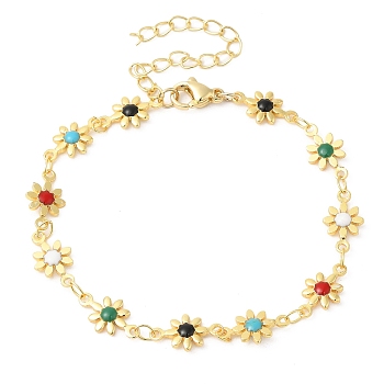 Colorful Enamel Flower Link Chain Bracelet, Brass Jewelry for Women, Real 24K Gold Plated, 7 inch(17.8cm)