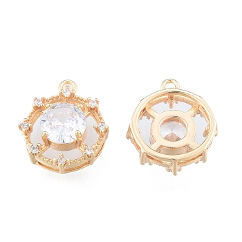 Brass Micro Pave Clear Cubic Zirconia Charms, Cadmium Free & Nickel Free & Lead Free, Octagon, Real 18K Gold Plated, 14x12x5mm, Hole: 1.2mm