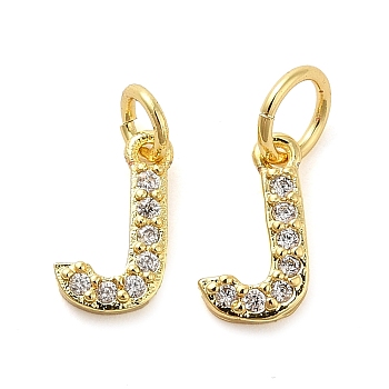 Brass Micro Pave Cubic Zirconia Pendants, with Jump Ring, Letter J, 8~9x4.5~9.5x1.5mm, Hole: 3.6mm