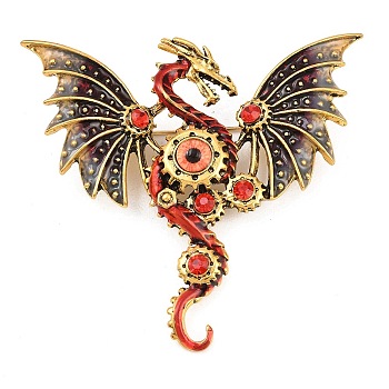 Dragon with Evil Eye Alloy Rhinestone with Plastic Lapel Pins for Backpack Clothes, Antique Golden, FireBrick, 56x61mm