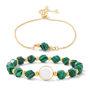 2Pcs Natural Malachite Bead Bracelets Sets, Slider Jewely Bracelets for Women, 7-1/2 inch(19cm), 2pcs/set