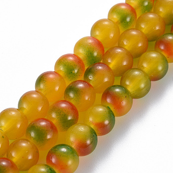 Spray Painted Glass Beads Strands, Round, Gold, 8x7.5mm, Hole: 1.4mm, about 50~51pcs/strand, 14.57~14.96 inches(37~38cm)