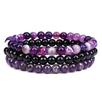 3Pcs 3 Style Natural Amethyst & Black Agate Round Beaded Stretch Bracelets Set, Gemstone Stackable Bracelets for Woman, Wide: 6mm, 7-1/4~7-1/2 inch(18.5~19cm), 1Pc/style
