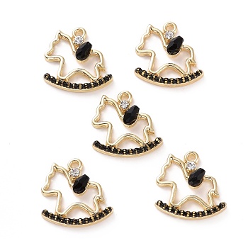 Rack Plating Alloy Crystal Rhinestone Pendants, with Resin Beads, Real 16K Gold Plated, Rocking Horse, Black, 18x18x5mm, Hole: 1.6mm