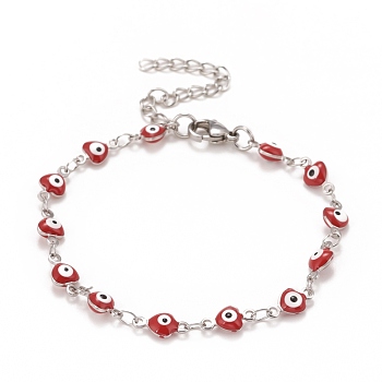Enamel Heart with Evil Eye Link Chains Bracelet, 304 Stainless Steel Jewelry for Women, Stainless Steel Color, Red, 6-3/4 inch(17.1cm)