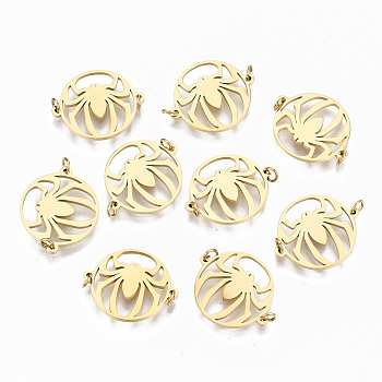 304 Stainless Steel Links Connectors, Laser Cut, Flat Round with Spider, Real 18K Gold Plated, 14x17x1mm, Jump Ring: 3x0.4mm, 2.2mm inner diameter