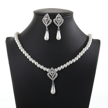 Alloy Rhinestone & Plastic Pearl Pendant Necklaces & Stud Dangle Earrings Sets, Flower & Teardrop, Platinum, 420mm