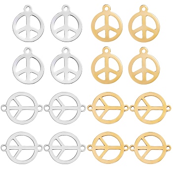DIY Jewelry Making Finding Kit, Including 16Pcs 4 Style 201 Stainless Steel Pendants and Links Connectors, Flat Round with Peace Sign, Golden & Stainless Steel Color, 15~18.5x12.5~14x1mm, Hole: 1.4~1.5mm, 4Pcs/style