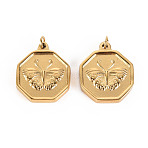 316 Surgical Stainless Steel Pendants, with Jump Rings, Hexagon with Butterfly, Real 14K Gold Plated, 18x15x2.5mm, Jump Ring: 3.8x0.5mm, 2.8mm inner diameter(X-STAS-S116-124G)