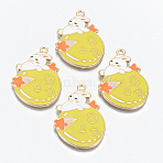 Alloy Enamel Pendants, Cadmium Free & Lead Free, Moon with Rabbit, Light Gold, Yellow, 34x24x1.5mm, Hole: 2mm(ENAM-T011-09KC-RS)
