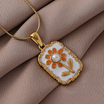 316 Surgical Stainless Steel Enamel with Imitation Pearl Rectangle with Flower Pendant Necklaces for Women, White and Dark Orange, Golden, 15.75 inch(40cm)(ST9494)