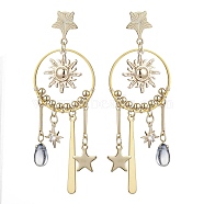 Brass Sun & Star Chandelier Earrings, Glass Teardrop Drop Earrings, Golden, 71x25mm(EJEW-TA00403)