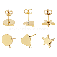 Unicraftale 304 Stainless Steel Stud Earring Findings, with Loop, Curved, Heart & Star & Flat Round, Golden, 6pcs/box(STAS-UN0015-29)