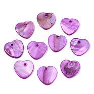 Natural Freshwater Shell Charms, Dyed, Heart, Magenta, 12.5x13x2mm, Hole: 1.5mm(X-SHEL-R113-17F)