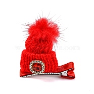 Christmas Party Hair Accessories, Knitted Hat Cloth Rhinestone Alligator Hair Clip, with Iron Clip, Red, 48.6x50x14.7mm(AJEW-S088-09B)