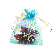 Hot Stamping Rectangle Organza Drawstring Gift Bags, Storage Bags with Moon and Star Print, Medium Turquoise, 9x7cm(WG15067-23)