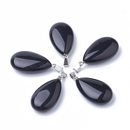 Natural Black Stone Pendants, with Alloy Findings, teardrop, Platinum, 45~46x23~24x11~12mm, Hole: 8x4mm(G-S292-12A)
