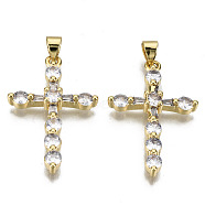 Brass Micro Pave Clear Cubic Zirconia Pendants, Nickel Free, Cross, Real 16K Gold Plated, 31.5x20x4mm, Hole: 3.5x4mm(ZIRC-S067-055-NF)