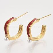 Brass Micro Pave Cubic Zirconia Stud Earrings, with Enamel, ABS Plastic Imitation Pearl, Nickel Free, Real 18K Gold Plated, Red, 17x3.5x18mm, Pin: 0.7mm(EJEW-T007-11G-02-NF)