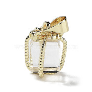 Natural Quartz Crystal Gift Box Charms, Rock Crystal Charms with Golden Plated Brass Bowknot, 15x11x11mm, Hole: 4.5x3.5mm(G-P523-01G-06)