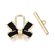 Brass Matte Style Spray Painted Toggle Clasps, Bowknot, Black, Real 18K Gold Plated, 16x17x3.5mm, Hole: 1.2mm, Bar: 4.5x16.5x2mm, Hole: 1.5mm(KK-N054-155G)