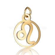 201 Stainless Steel Charms, with Jump Rings, Polished, Flat Round with Constellation, Golden, Leo, 13x11x1mm, Hole: 2.5mm(STAS-T036-T513-5)