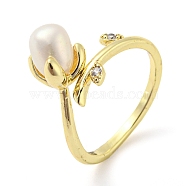 Flower Natural Pearl Cuff Ring with Rhinestone, Brass Finger Ring, Real 14K Gold Plated, US Size 5(15.7mm)(RJEW-H220-14G)