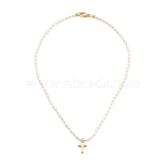 Cross Brass Pendant Necklaces, with Natural Cultured Freshwater Pearl Beads and 304 Stainless Steel Lobster Claw Clasps, Golden, 15.35 inch(39cm)(NJEW-JN02972-02)
