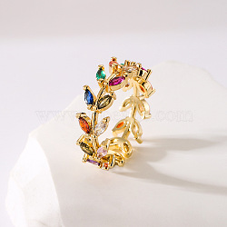 Brass Micro Pave Colorful Cubic Zirconia Adjustable Cuff Rings for Women, Golden, Inner Diameter: Adjustable(FS-WG1389A-01)