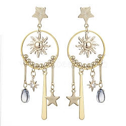 Brass Sun & Star Chandelier Earrings, Glass Teardrop Drop Earrings, Golden, 71x25mm(EJEW-TA00403)