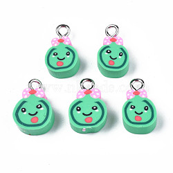 Imitation Food Handmade Polymer Clay Charms, with Platinum Plated Iron Loop, Lollipop with Bowknot & Smile, Medium Aquamarine, 14~15x8~10x4~5mm, Hole: 1.8mm(CLAY-N006-40)