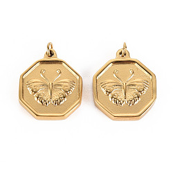 316 Surgical Stainless Steel Pendants, with Jump Rings, Hexagon with Butterfly, Real 14K Gold Plated, 18x15x2.5mm, Jump Ring: 3.8x0.5mm, 2.8mm inner diameter(X-STAS-S116-124G)