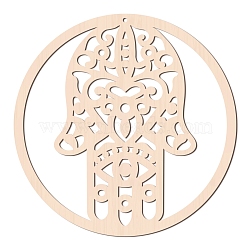 Laser Cut Wooden Wall Sculpture, Torus Wall Art, Home Decor Meditation Symbol, Flat Round with Hamsa Hand, BurlyWood, 31x0.6cm(WOOD-WH0101-019)