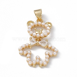 Rack Plating Brass Micro Pave Cubic Zirconia Pendants, with Plastic Imitation Pearl, Cadmium Free & Lead Free, Long-Lasting Plated, Bear Charm, Real 18K Gold Plated, 24x18x3mm, Hole: 3x4.5mm(KK-G451-03G)