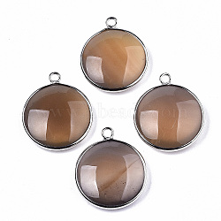 Natural Grey Agate Pendants, with Platinum Plated Brass Findings, Dyed & Heated, Flat Round, Peru, 27~28x23~24x7~9.5mm, Hole: 2mm(G-N326-87A-05)