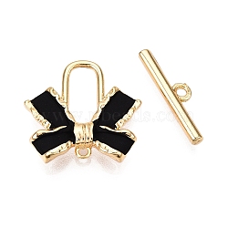 Brass Matte Style Spray Painted Toggle Clasps, Bowknot, Black, Real 18K Gold Plated, 16x17x3.5mm, Hole: 1.2mm, Bar: 4.5x16.5x2mm, Hole: 1.5mm(KK-N054-155G)