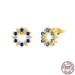 Flower 925 Sterling Silver Stud Earrings, with Midnight Blue Cubic Zirconia, with S925 Stamp, Real 14K Gold Plated, 8mm(STER-M116-03G)