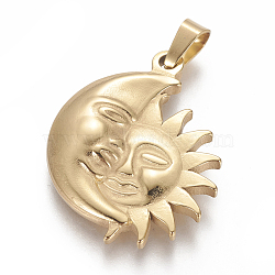 304 Stainless Steel Pendants, Sun with Moon, Golden, 32x26x3mm, Hole: 4x6mm(STAS-F210-02G)