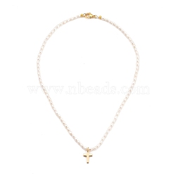 Cross Brass Pendant Necklaces, with Natural Cultured Freshwater Pearl Beads and 304 Stainless Steel Lobster Claw Clasps, Golden, 15.35 inch(39cm)(NJEW-JN02972-02)