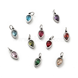 304 Stainless Steel Pendants, with Cubic Zirconia and Jump Rings, Single Stone Charms, Teardrop, Stainless Steel Color, Mixed Color, 9.5x5x2.5mm, Hole: 3.5mm(STAS-D189-02P)