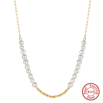 925 Sterling Silver with Natural Pearls Beads Necklaces, Round, Real 14K Gold Plated, 16.14 inch(41cm)