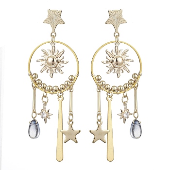 Brass Sun & Star Chandelier Earrings, Glass Teardrop Drop Earrings, Golden, 71x25mm