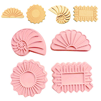 Food Grade Plastic Molds, Fondant Molds Set, Bakeware Tools, For DIY Cake Decoration, Chocolate, Candy Mold, Rectangle & Flat Round & Conch & Half Round, Pink, 74~83x45~74x10mm, Inner Diameter: 66~77x32~68mm, 4pcs/set