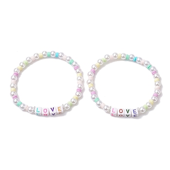 Polymer Clay & Plastic Beaded Stretch Bracelets, Word Love Acrylic Bracelets for Women, Colorful, Inner Diameter: 2-1/8 inch(5.5cm)