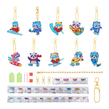 2 Sets 2 Style DIY Diamond Painting Sporting Panda Keychain Kits, with PET Pendant, Rhinestones, Diamond Sticky Pen, Tray Plate, Glue Clay, Iron Ball Chain and Alloy Swivel Clasps, Mixed Color