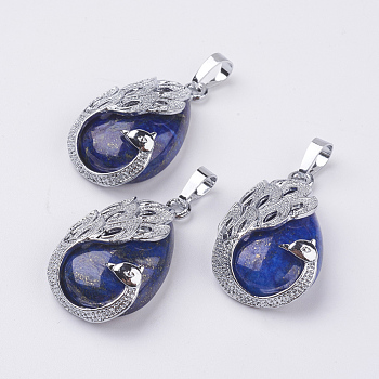 Natural Lapis Lazuli Pendants, with Brass Finding, Teardrop with Peacock, Platinum, 33x20x10.5mm, Hole: 5x6.5mm