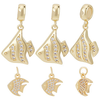 Beebeecraft 8Pcs 2 Style Brass Micro Pave Clear Cubic Zirconia Charms, Fish Charm, Golden, 12.5~19x11~15x2~3mm, Hole: 3~5mm, 4pcs/style