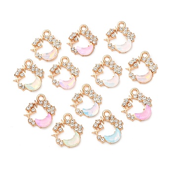 Alloy Glass Pendants, Star with Moon Charm, with Rhinestone, Golden, Mixed Color, 17x15.5x3mm, Hole: 2mm