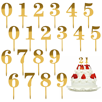 20Pcs 10 Styles Number Acrylic Mirror Effect Cake Toppers, Cake Insert Cards, for Cake Decoration, Gold, 147~156x50~60x1mmm, 2pcs/style
